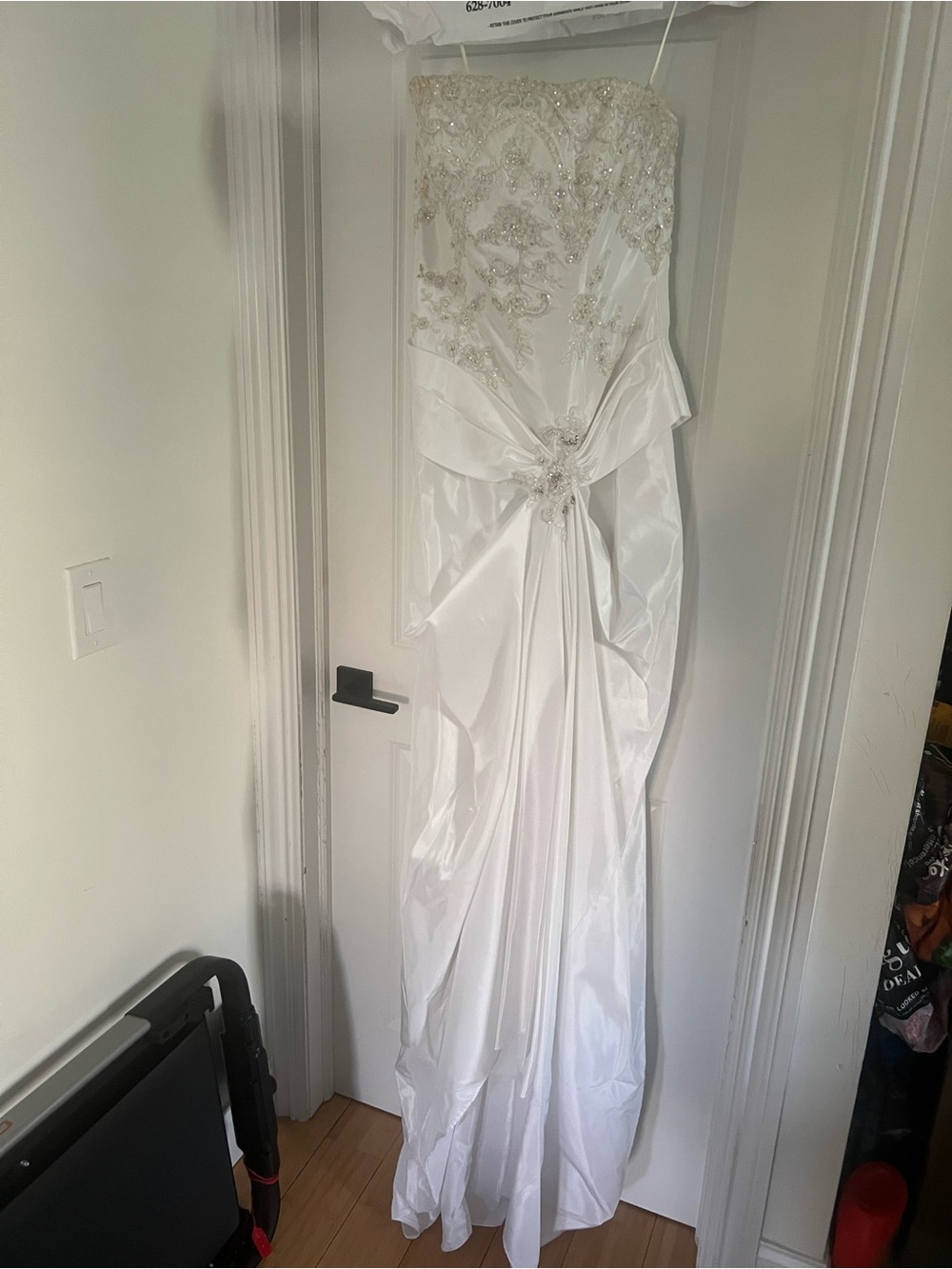 White Strapless Beaded Wedding Gown with Draped Bow
